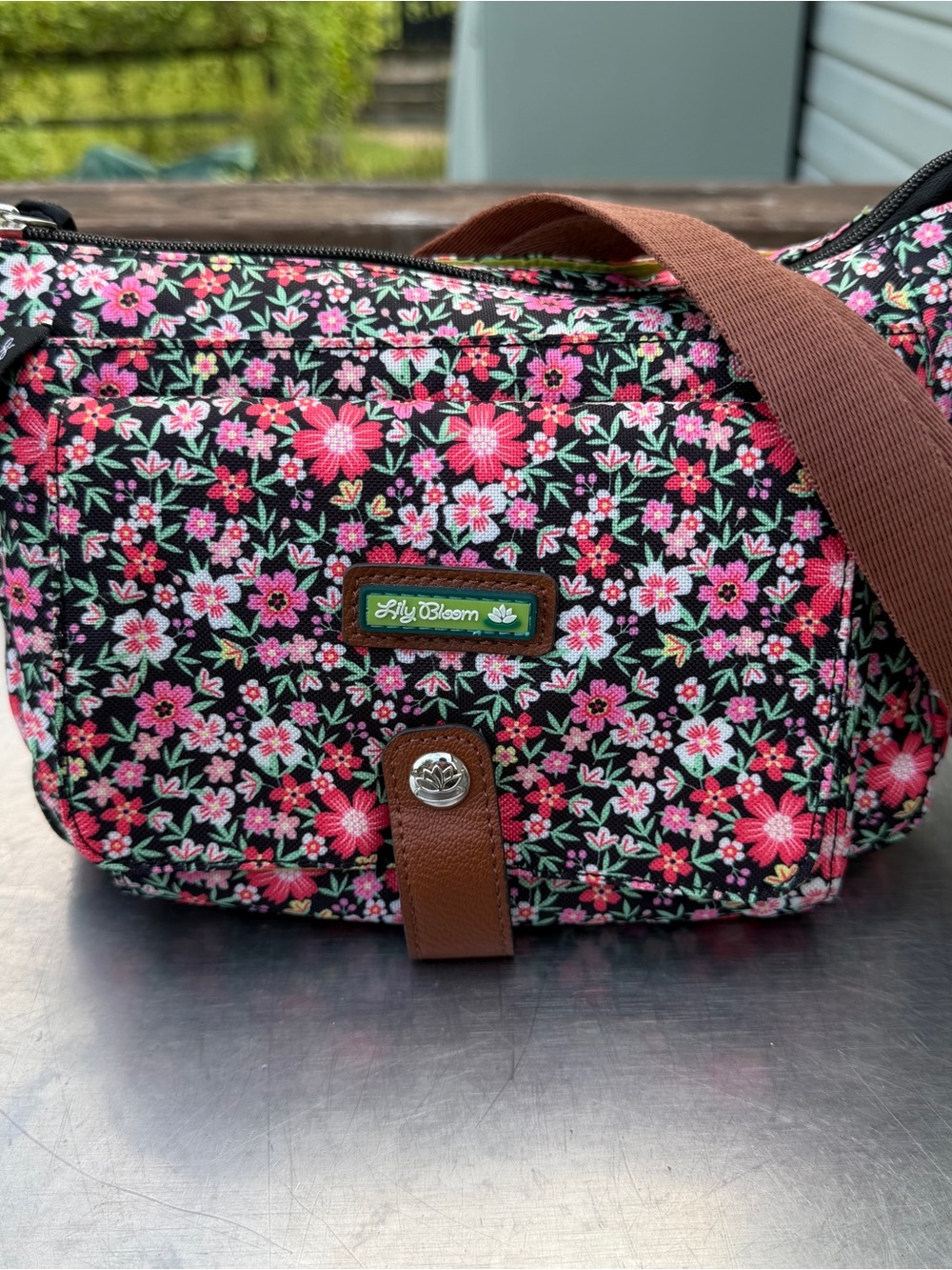 Lily Bloom Black Crossbody with Pink Floral Print and Brown Strap
